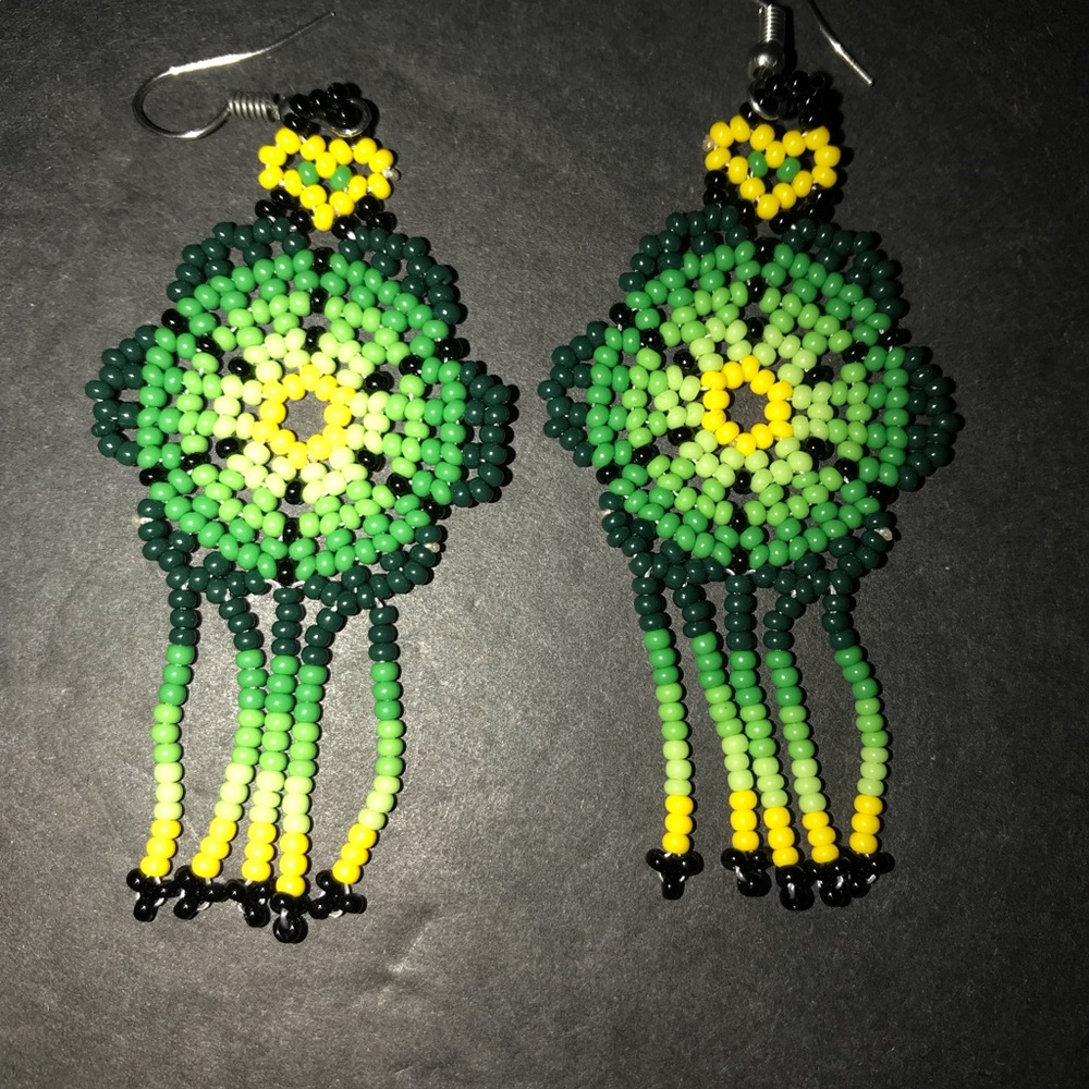 Green/Yellow Dangling Fringe Bead Handmade Mexican Boho Folk Art Earrings